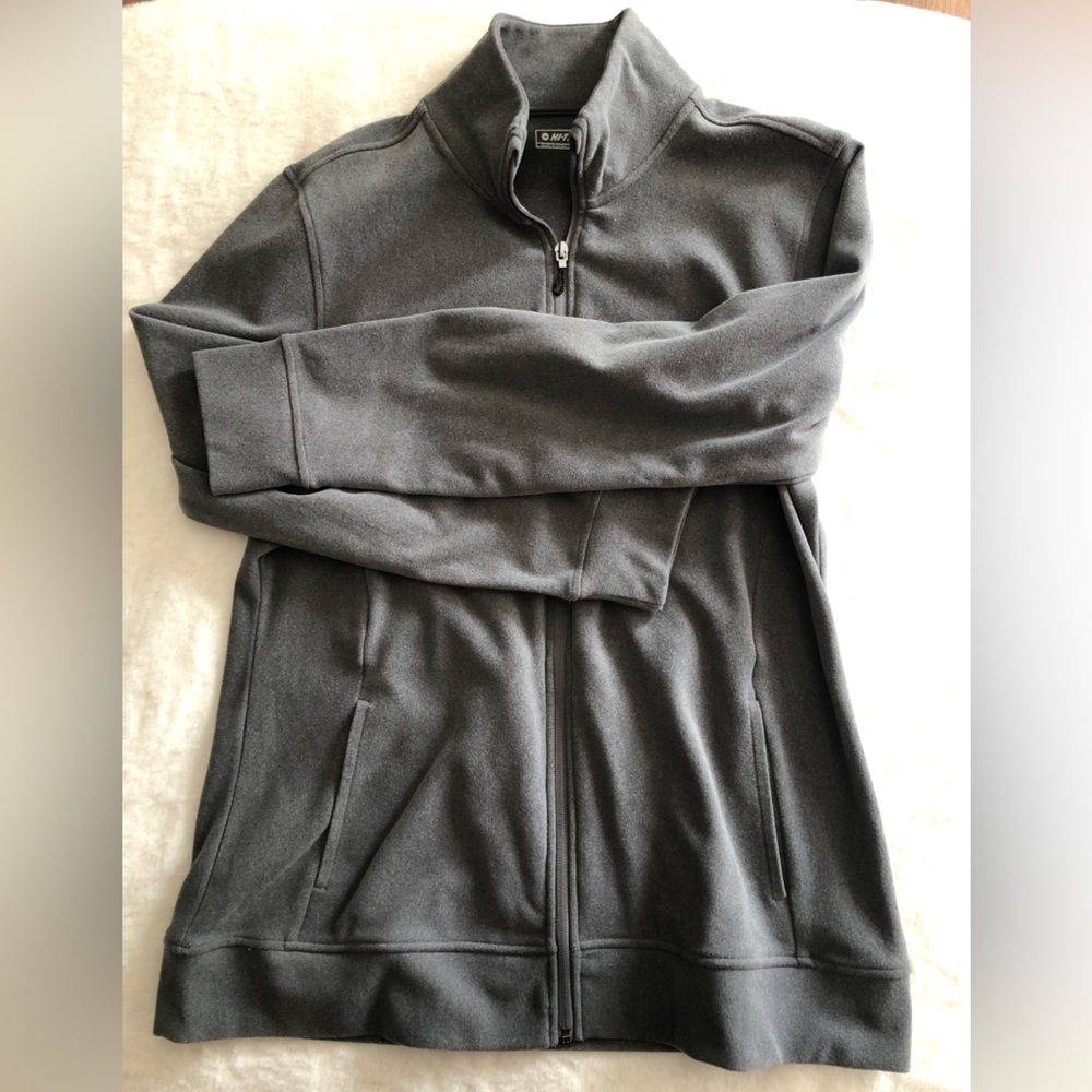 Gray zip-up jacket with pockets. Soft feel. Material is polyester and spandex. - Picture 2 of 4